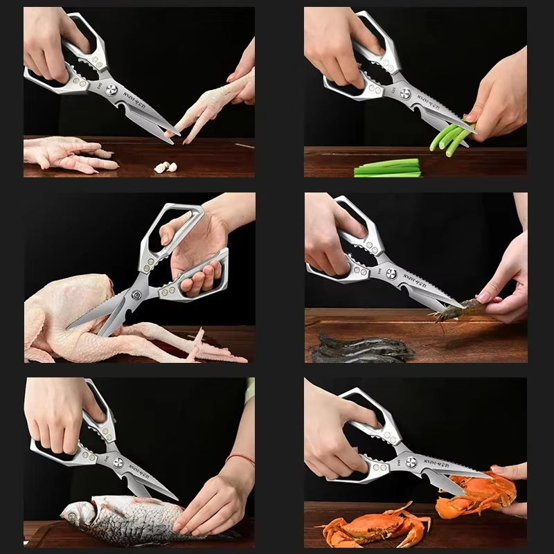 Stainless steel scissors, special for household kitchens, powerful chicken bone scissors, multi-functional barbecue scissors, food and fish-killing scissors, FCM Application Scenario