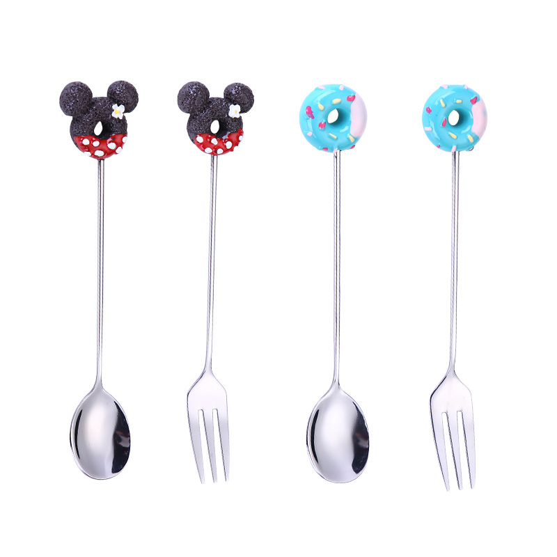 304 stainless steel spoon, children's cartoon spoon and fork, doughnut coffee spoon, three-toothed fruit fork, Japanese and Korean dessert fork Item Picture