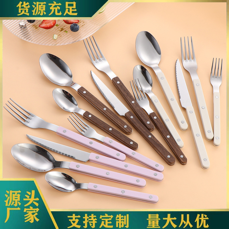 Cross-border stainless steel knives, forks and spoons with rivets and handles, dessert spoons and forks, French steak knives and forks, hotel Western tableware full figure