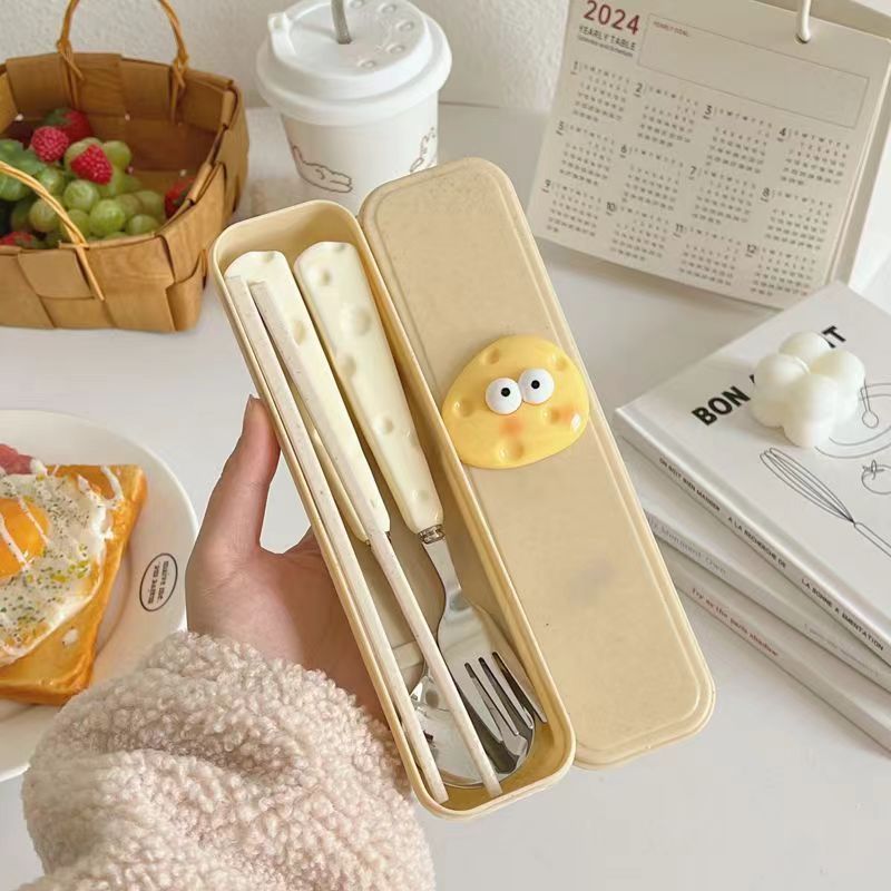 Light luxury three-piece set of spoons, forks and chopsticks, household cheese handle dessert spoons and forks, portable tableware for students and children details Picture