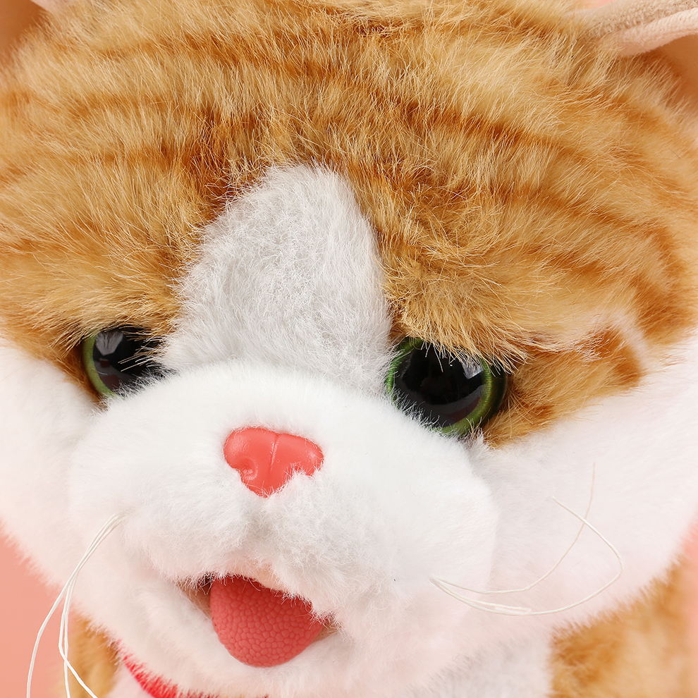 A yellow striped electric plush kitten sings while being held in a princess hug. The recording is saved for parent-child games. It acts cute and sticks out its tongue to ask for a hug Application Scenario