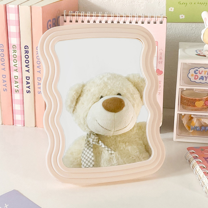 新款桌面美妆镜子带支架可折叠悬挂高清单面镜学生宿舍波浪化妆镜