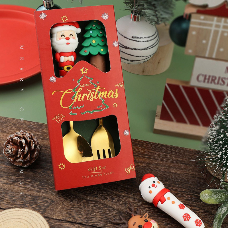 Cross-border Christmas spoon creative tableware doll Dessert spoon and fork Cartoon Christmas tree spoon and fork gift box set details Picture
