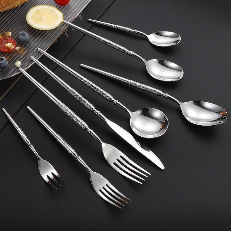 304 stainless steel tableware, cross-border knives, forks and spoons, high-end Western tableware, round spoons, dessert spoons and forks, hotel steak knives and forks details Picture