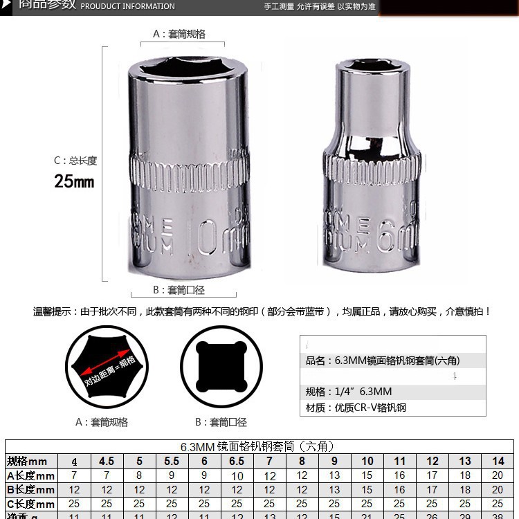 SNJUE6.3mm Xiaofei 1/4 short socket hex socket socket head socket wrench tool 8/10 socket details Picture