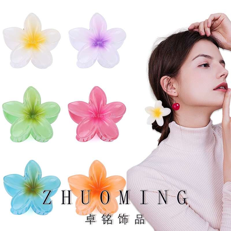 欧卓铭美跨境网红水晶鸡蛋花抓夹海边度假发夹盘发鲨鱼夹发饰厂家批发创意饰品厂家