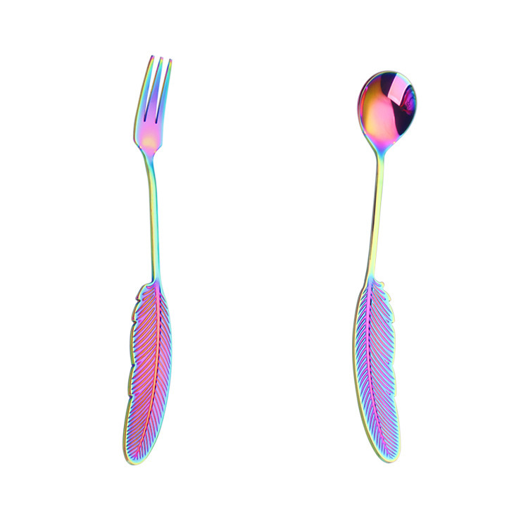 304 stainless steel spoon and fork creative feather spoon, leaf fork, fruit fork, dessert spoon, cake fork, coffee spoon set Item Picture