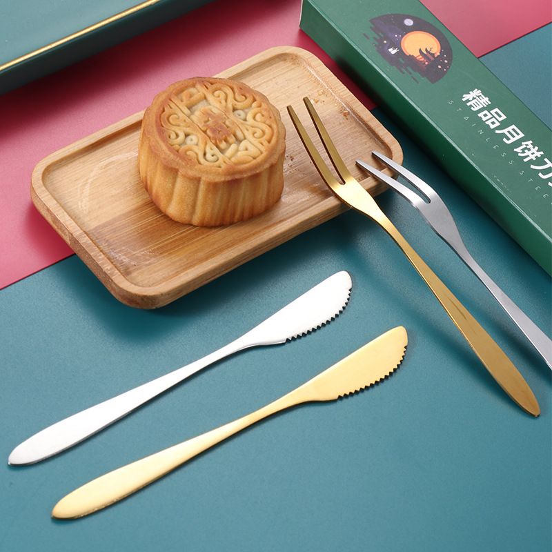 Stainless steel mooncake knife and fork, high-end mooncake gift box, knife and fork set, two-toothed fork, fruit stick, cake, mooncake fork Application Scenario