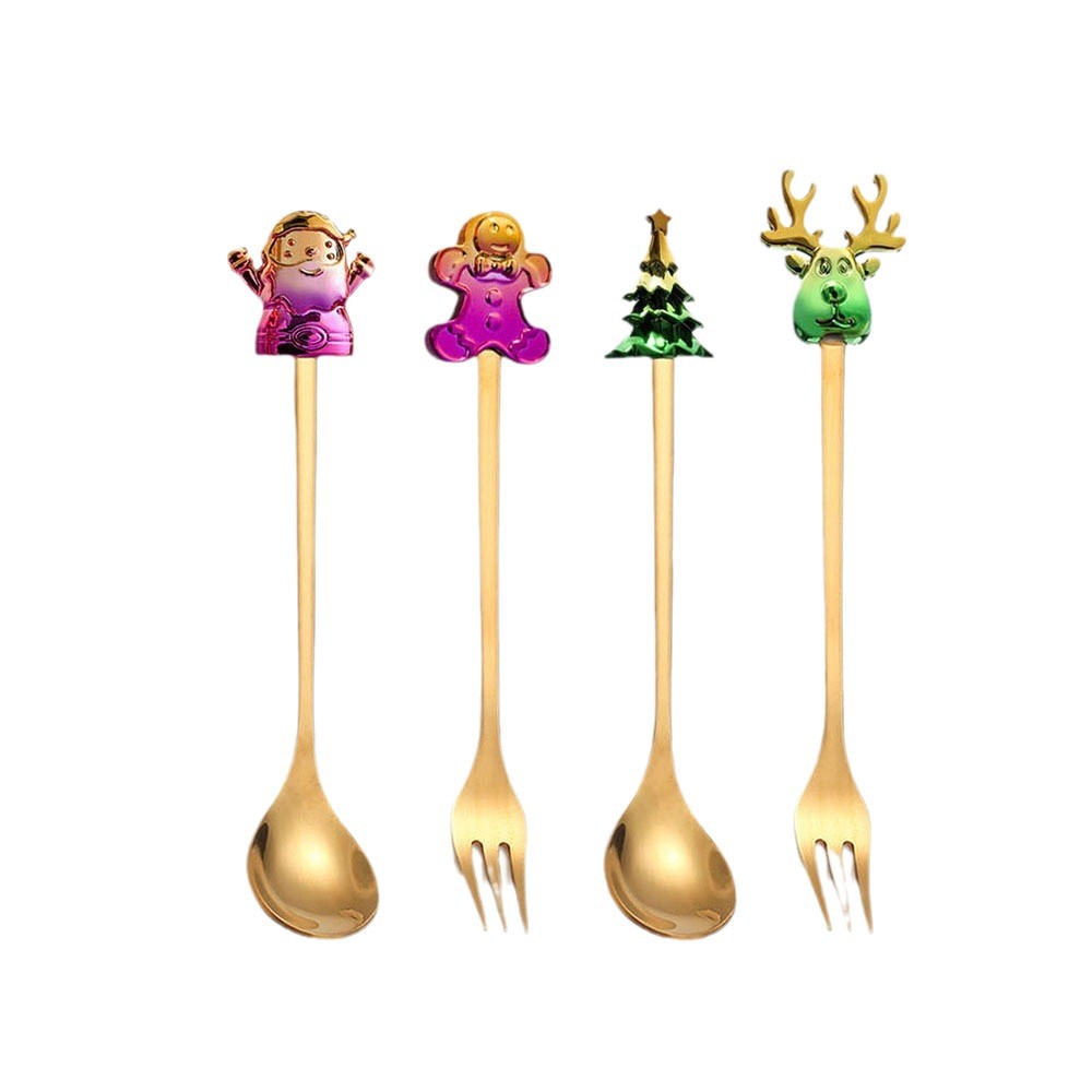 Cross-border Christmas tableware: Colorful stainless steel spoons, cartoon Christmas spoons and forks, stainless steel dessert forks, gift set Item Picture