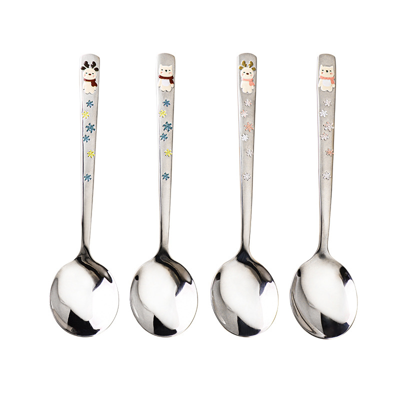 304 stainless steel spoon, round spoon, cartoon relief deer spoon, household long-handled soup spoon, Korean-style spoon, spoon spoon Item Picture