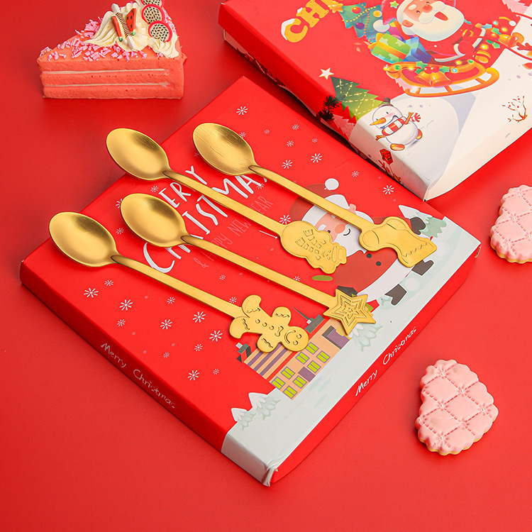 Cross-border Christmas tableware creative cartoon spoons, coffee mixing spoons, cake and dessert spoons, Christmas gift box set Specification drawing