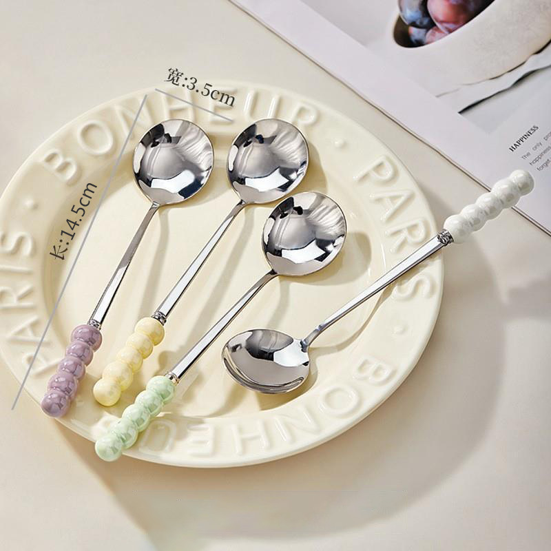 Stainless steel spoon with pearl handle, dessert spoon, light luxury ins-style cake spoon, small stirring spoon, household coffee spoon Specification drawing