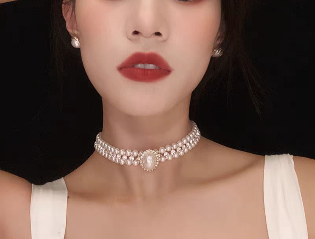 法式复古水钻珍珠项链新娘婚纱颈链旗袍礼服耳环配饰锁骨链细节图