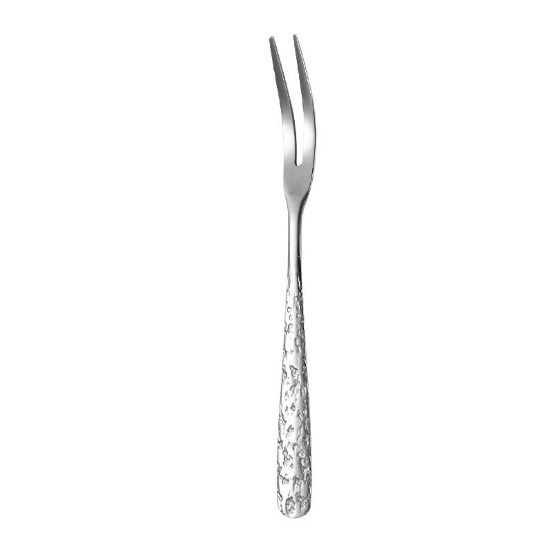 304 stainless steel fruit fork, creative hammer-patterned fork, mooncake fork, fruit skewer, Western cuisine two-toothed fork, cake dessert fork Item Picture