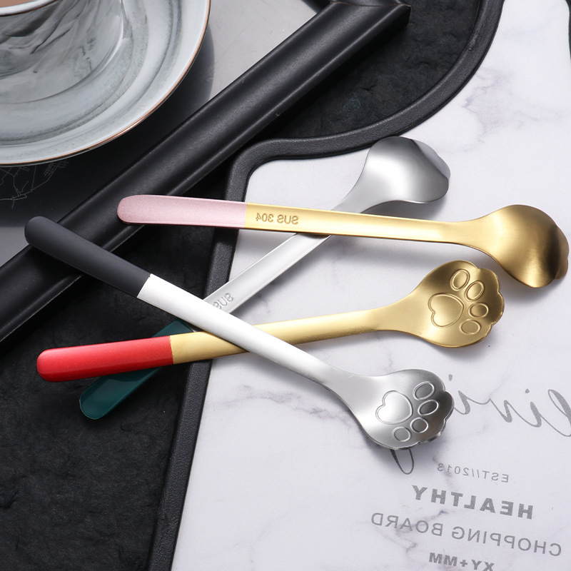 Cartoon cat paw spoon, 304 stainless steel spoon, coffee stirring spoon, ice cream dredger spoon, long-handled ice cream spoon, dessert spoon Specification drawing