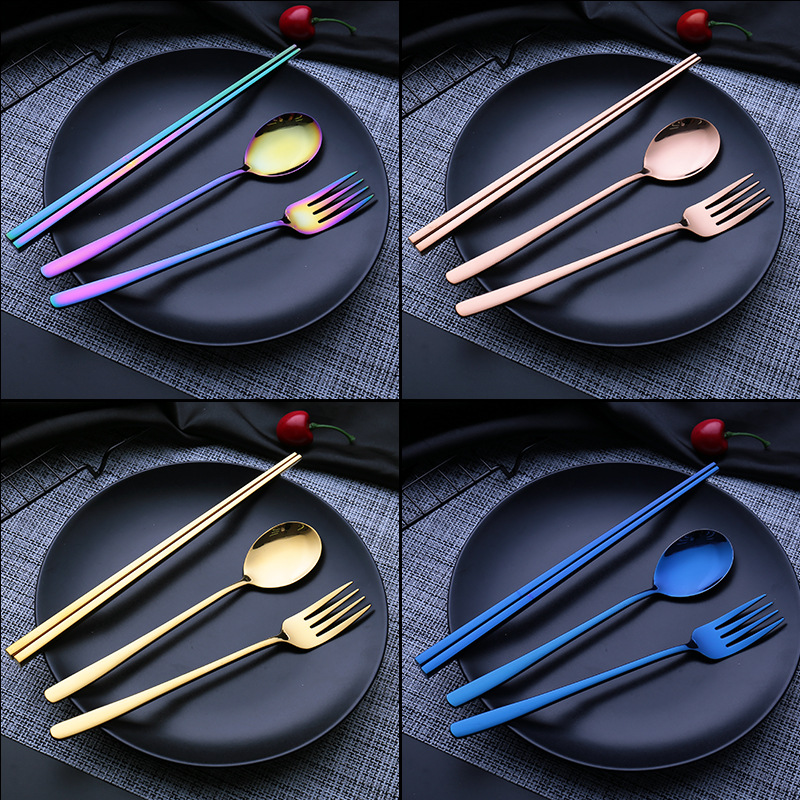 304 stainless steel spoons, Korean-style spoons and forks, anti-slip square chopsticks, portable tableware three-piece set, student gift set details Picture
