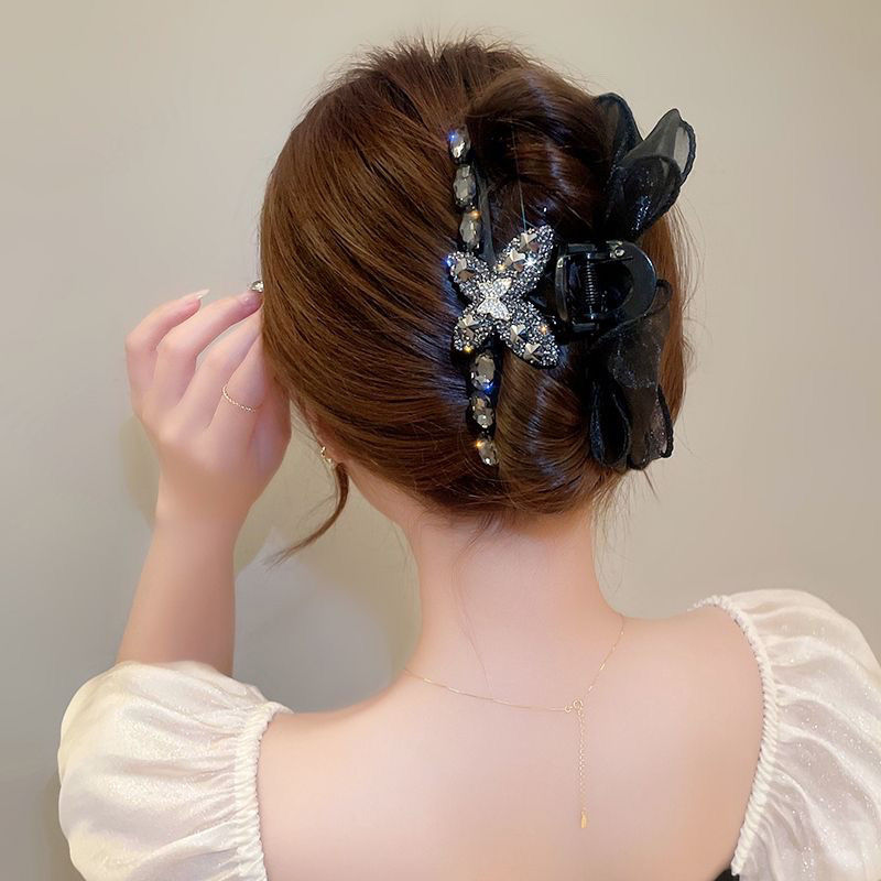 Organza bow diamond-encrusted grabber, large and elegant shark clip, high-end hair clip, women's back head clip, new hair clip detail image 2