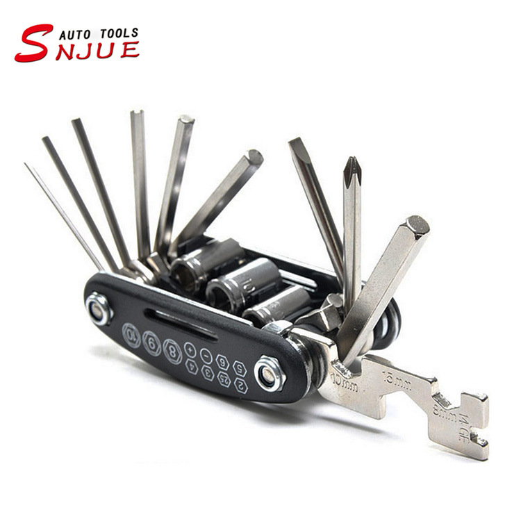 Bicycle repair combination tool 16-in-one screwdriver set, multi-functional folding bike repair and tire patching wrench set full figure