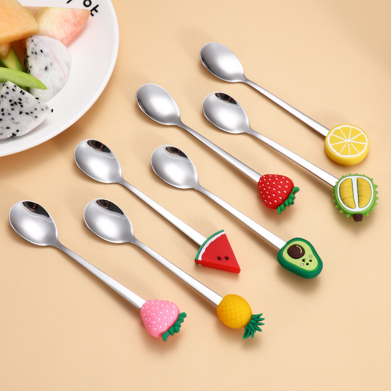 Stainless steel fruit spoon, creative coffee spoon, fruit pattern mixing spoon, three-toothed fork, cake and dessert fork, small fork full figure