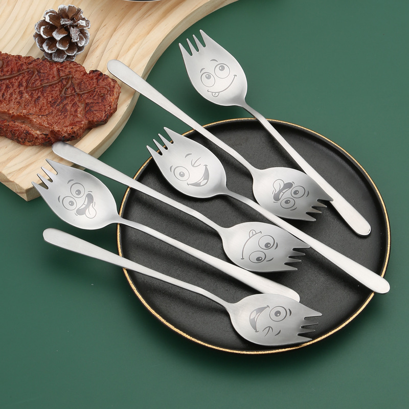 Cross-border stainless steel salad spoon, creative pasta spoon and fork integrated, household long-handled instant noodle spoon tableware, Western food fork full figure