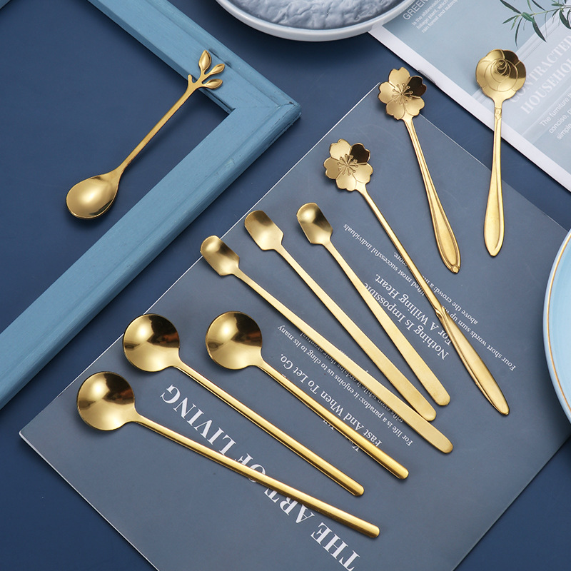 Stainless steel cherry blossom spoon, forest-themed flower spoon, leaf spoon, titanium gold small round spoon, short-handled coffee spoon, mug, square head spoon Application Scenario