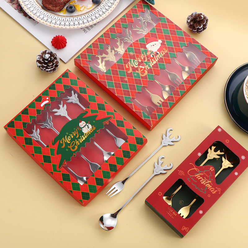 304 stainless steel spoons, Christmas tableware, reindeer head spoons and forks, coffee mixing spoons, fruit forks, Christmas gift box set details Picture