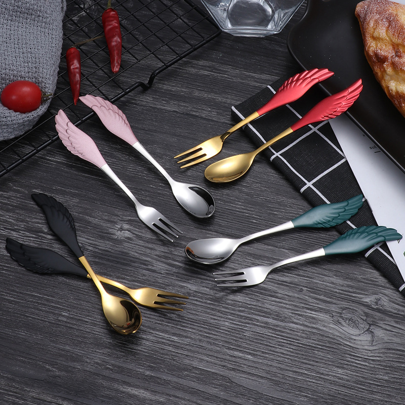 304 stainless steel spoon, ins wing spoon, coffee spoon, golden small fork, dessert three-toothed fork, spoon, small gift details Picture