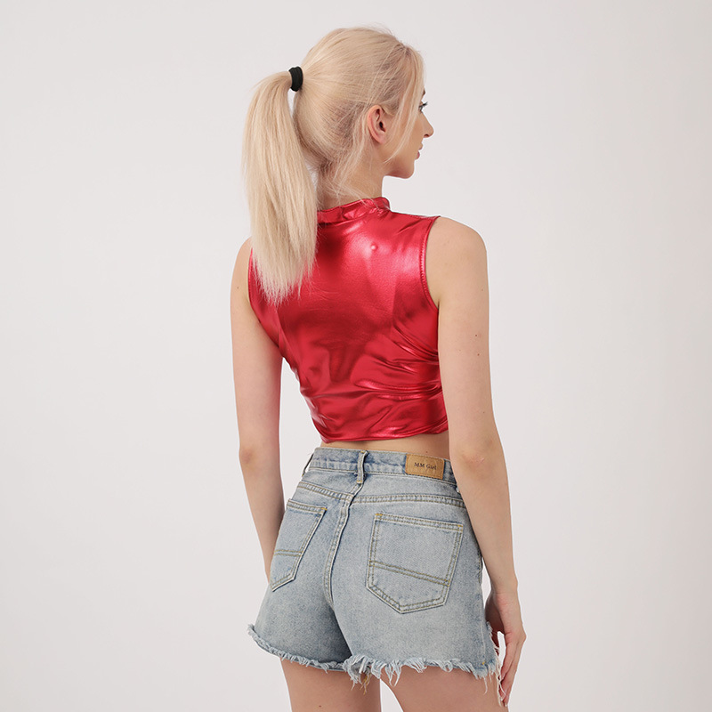 工厂现货  爆款 跨境欧美小高领无袖上衣夜店舞台表演服女装现货批发   衣服女装T恤女修身显瘦t恤女产品图