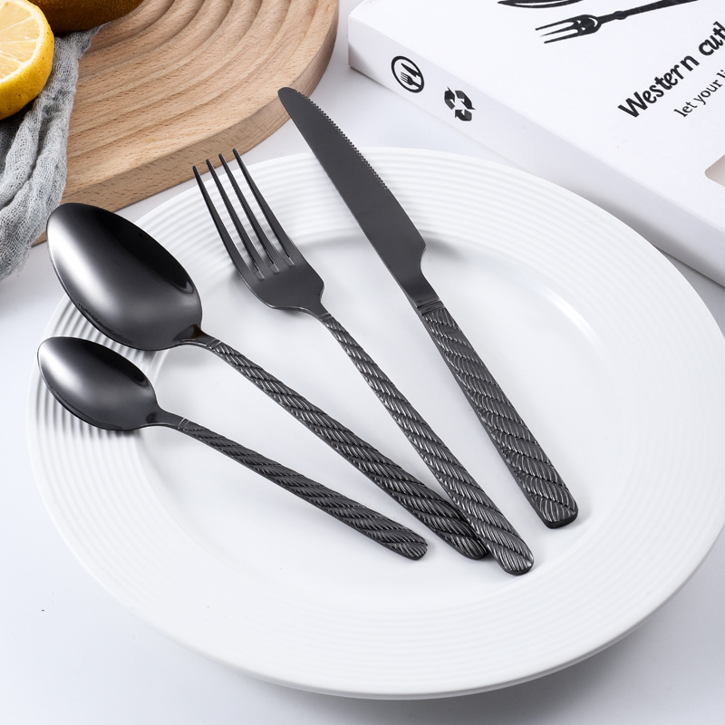 Amazon Stainless Steel knife, fork and spoon Spiral Pattern tableware Set Gift Box, four-piece set, hotel Western cuisine steak knife and fork Specification drawing