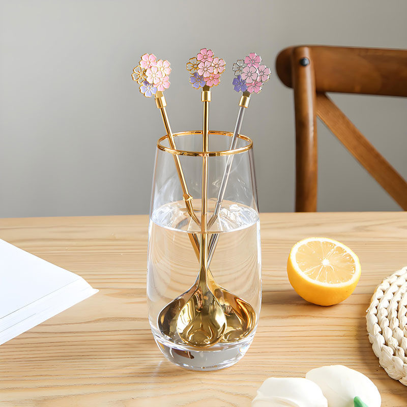 Cross-border 304 stainless steel spoon, Japanese cherry blossom spoon, exquisite dessert spoon, long-handled ice spoon, household bird's nest stirring spoon details Picture