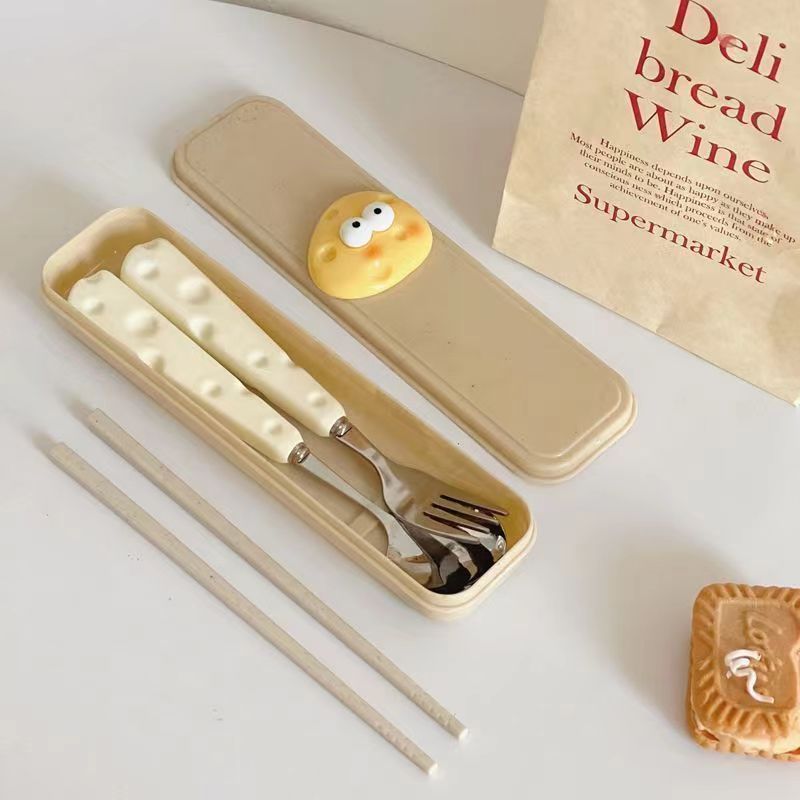 Light luxury three-piece set of spoons, forks and chopsticks, household cheese handle dessert spoons and forks, portable tableware for students and children Application Scenario