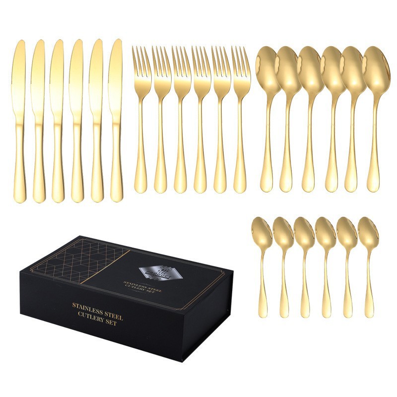 Cross-border Amazon 1010 Stainless steel tableware, steak knife, fork and spoon 24-piece set, dessert spoon family restaurant set Specification drawing