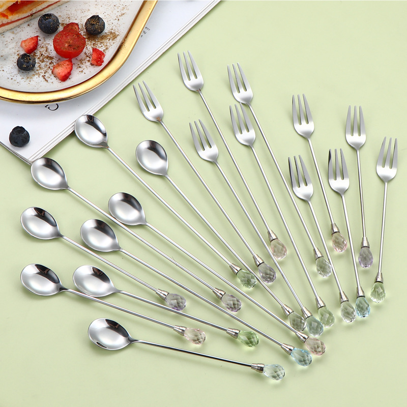 Stainless steel spoon, crystal diamond coffee spoon, long-handled mixing spoon, fruit fork, dessert spoon, cocktail ice spoon Application Scenario