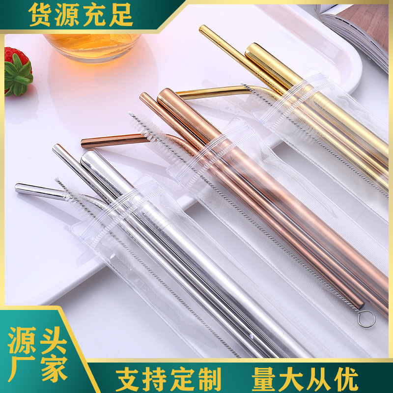 Factory direct sales of 304 stainless steel straw sets, food-grade color-coated eco-friendly metal straws, milk tea straws full figure