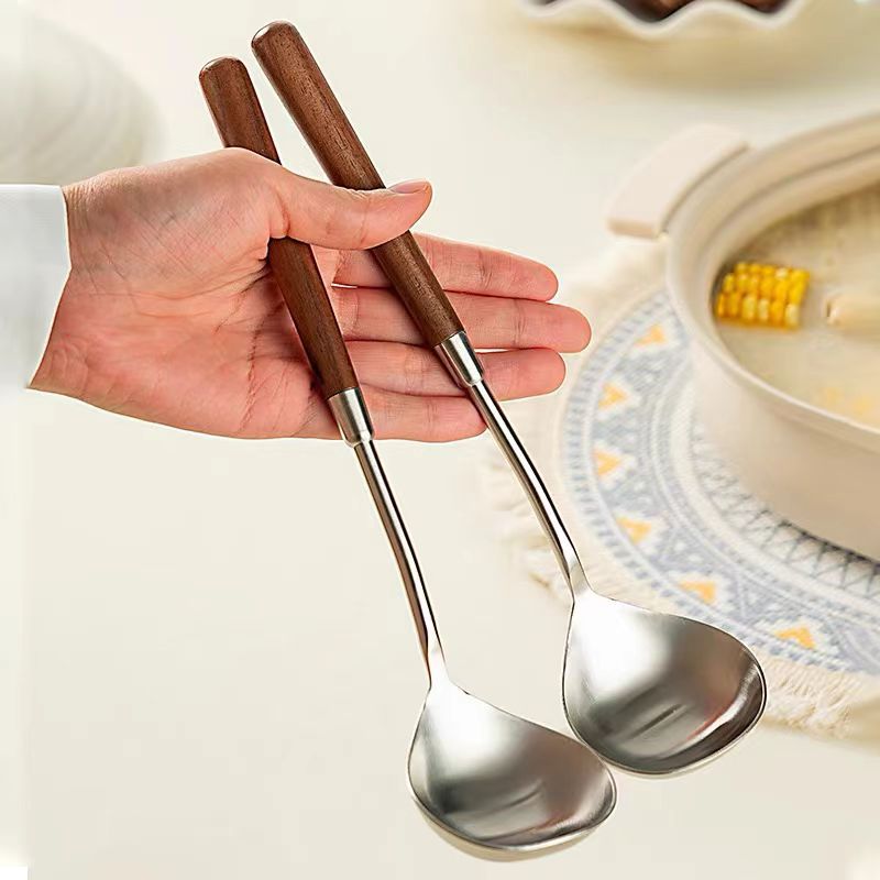 Stainless steel soup spoon spatula, retro wood-handled soup spoon, household soup and porridge spoon, restaurant hot pot spoon, cooking spoon spatula details Picture