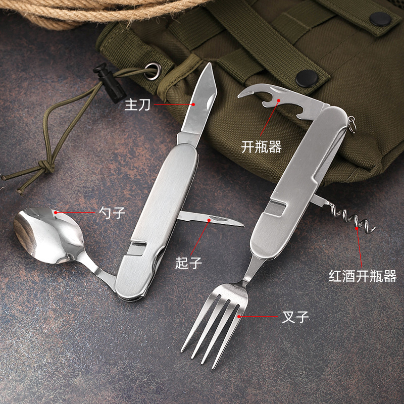Stainless steel large six-piece knife, fork and spoon set tableware, Western food knife and fork detachable tableware, picnic props, outdoor folding full figure