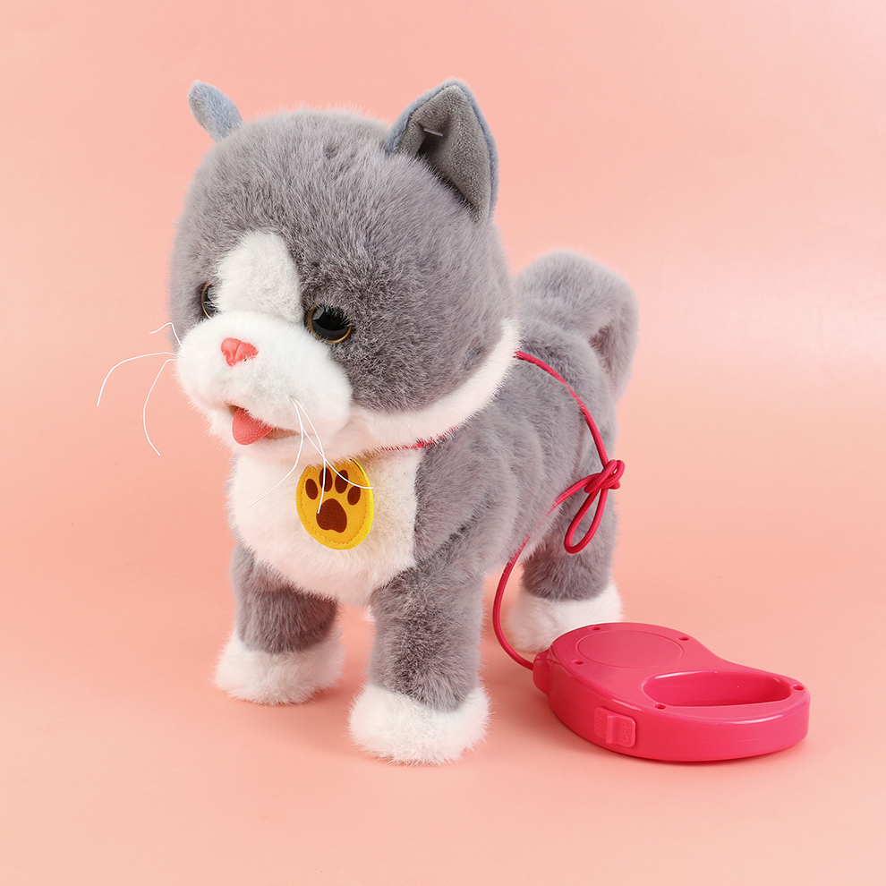 A grey electric plush kitten, playing and singing with you in summer, recording interesting stories while enjoying the cool, and being cute and licking its PAWS to wash its face