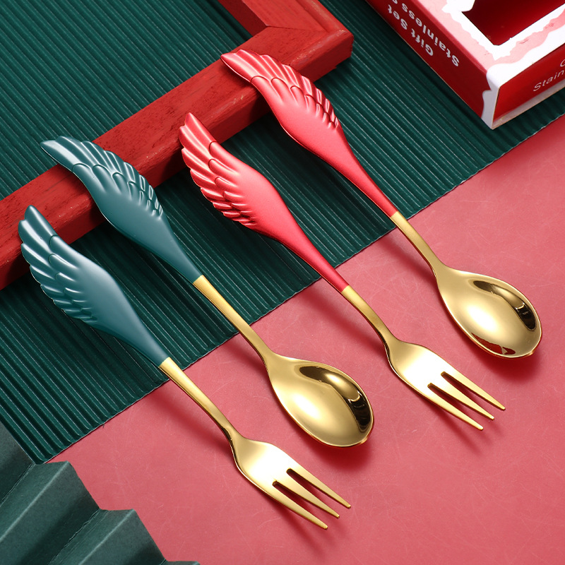 Cross-border stainless steel tableware set, Christmas spoon and fork gift box, golden wing spoon and fork, coffee mixing spoon, dessert fork full figure