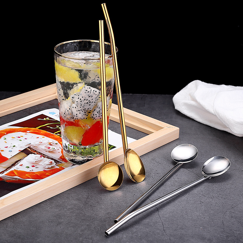 Wholesale 304 stainless steel straw milk tea long-handled stirring rod, multi-functional beverage straw spoon, bar cocktail spoon full figure