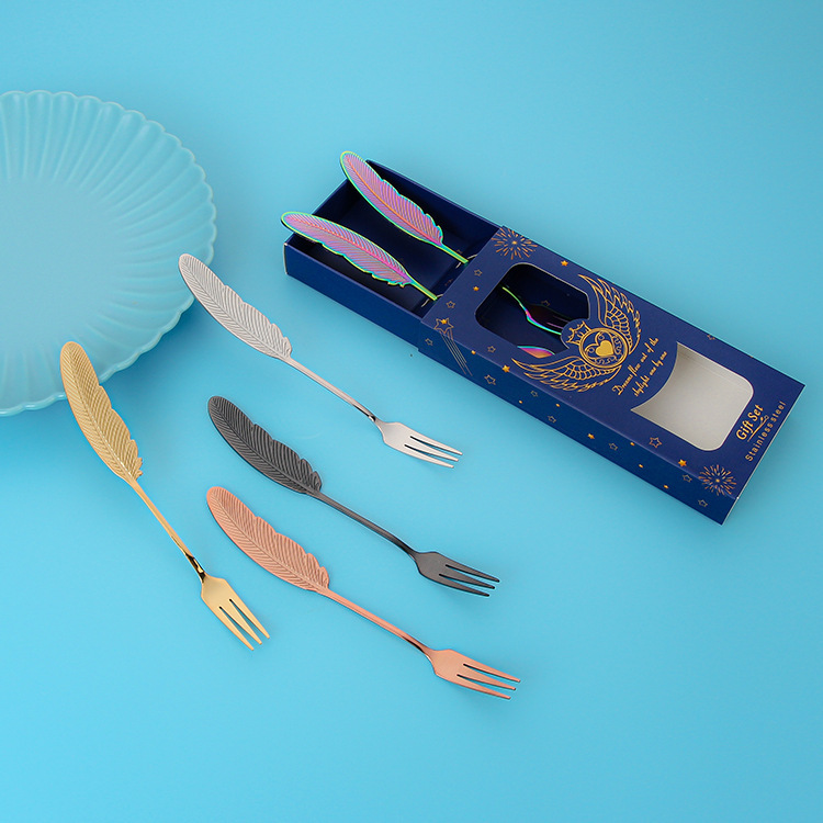 304 stainless steel spoon and fork creative feather spoon, leaf fork, fruit fork, dessert spoon, cake fork, coffee spoon set Specification drawing