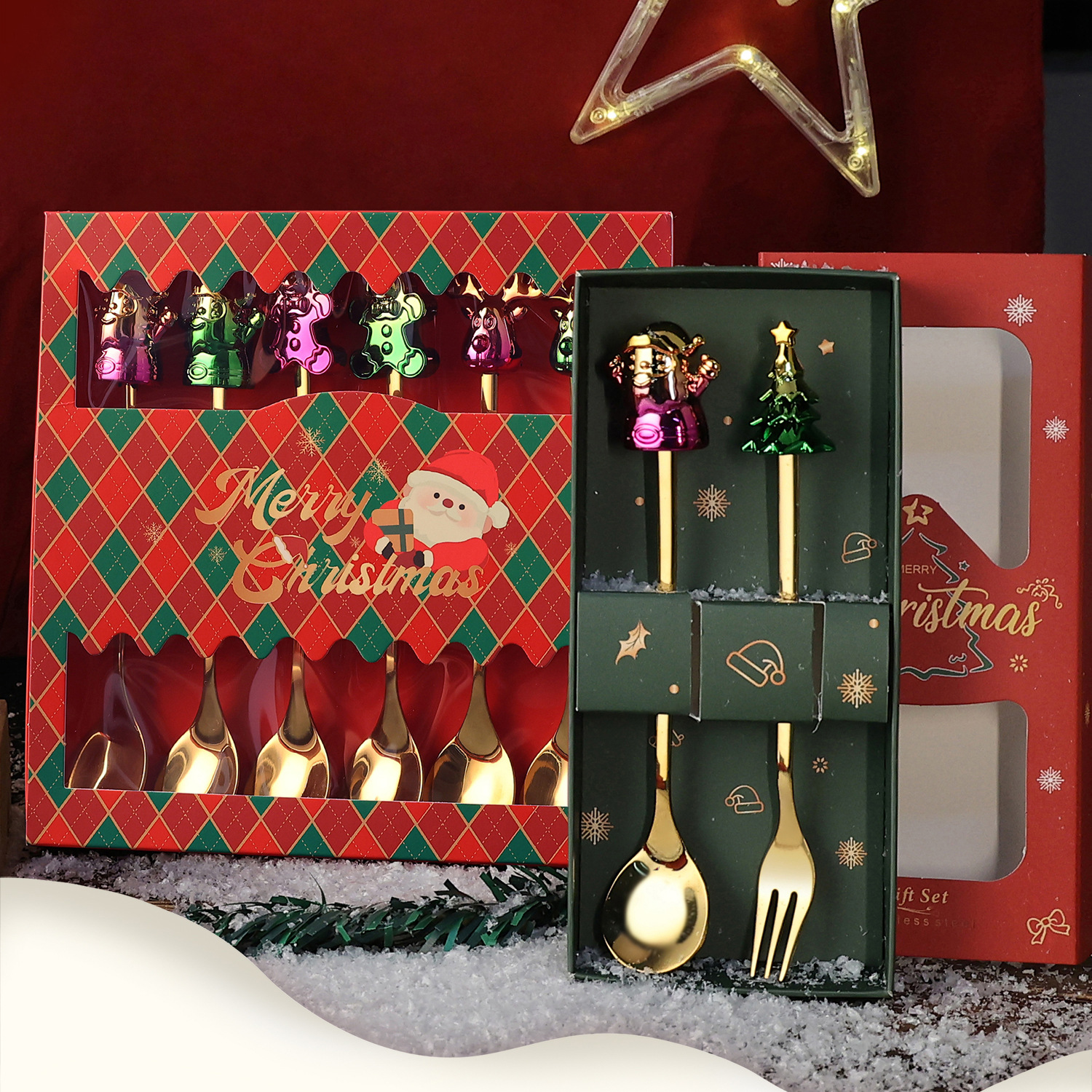 Cross-border Christmas tableware: Colorful stainless steel spoons, cartoon Christmas spoons and forks, stainless steel dessert forks, gift set full figure