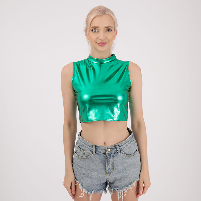 工厂现货  爆款 跨境欧美小高领无袖上衣夜店舞台表演服女装现货批发   衣服女装T恤女修身显瘦t恤女详情图7