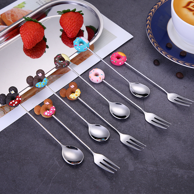 304 stainless steel spoon, children's cartoon spoon and fork, doughnut coffee spoon, three-toothed fruit fork, Japanese and Korean dessert fork details Picture