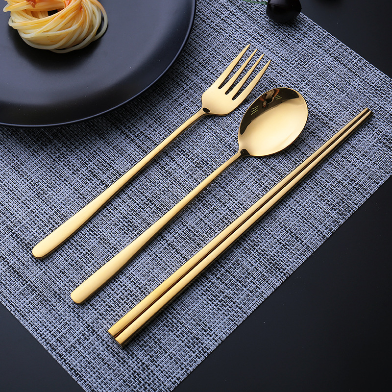 304 stainless steel spoons, Korean-style spoons and forks, anti-slip square chopsticks, portable tableware three-piece set, student gift set full figure