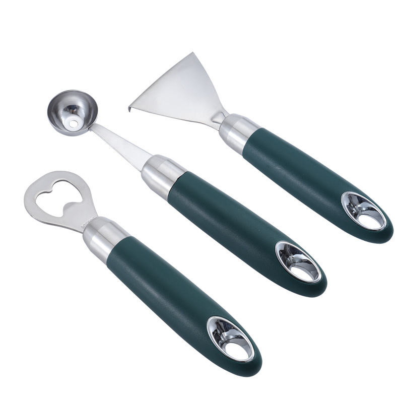 304 stainless steel, dark green handle kitchen small tools, fruit scoop, egg beater, peeler, fish scale planer, bottle opener Item Picture