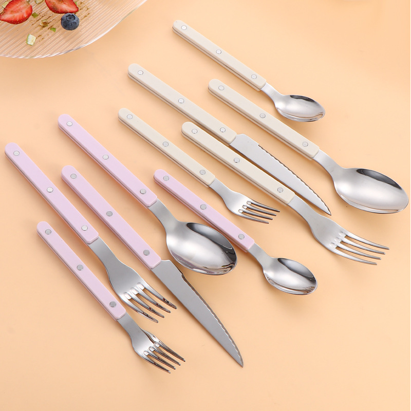 Cross-border stainless steel knives, forks and spoons with rivets and handles, dessert spoons and forks, French steak knives and forks, hotel Western tableware details Picture
