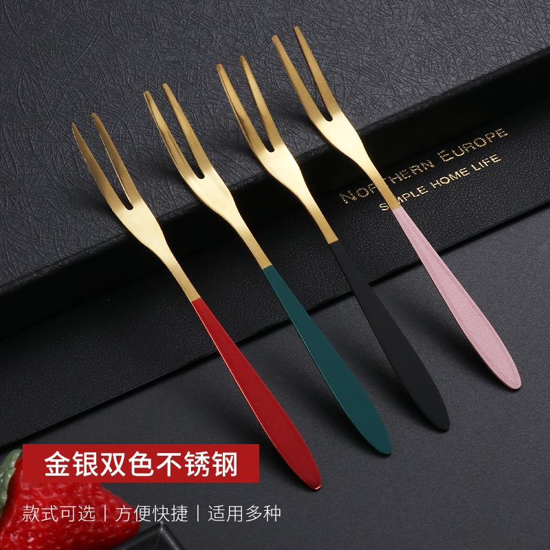 Stainless steel fruit fork set, dessert cake two-toothed fork, ins mooncake knife and fork, Internet celebrity gift set details Picture