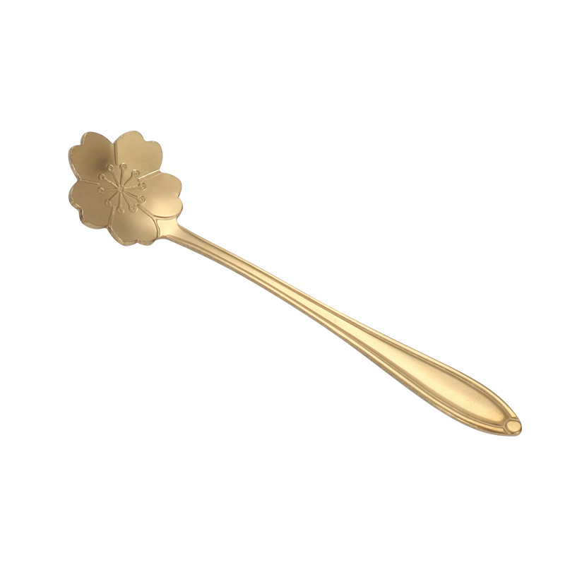 Stainless steel cherry blossom spoon, forest-themed flower spoon, leaf spoon, titanium gold small round spoon, short-handled coffee spoon, mug, square head spoon Item Picture