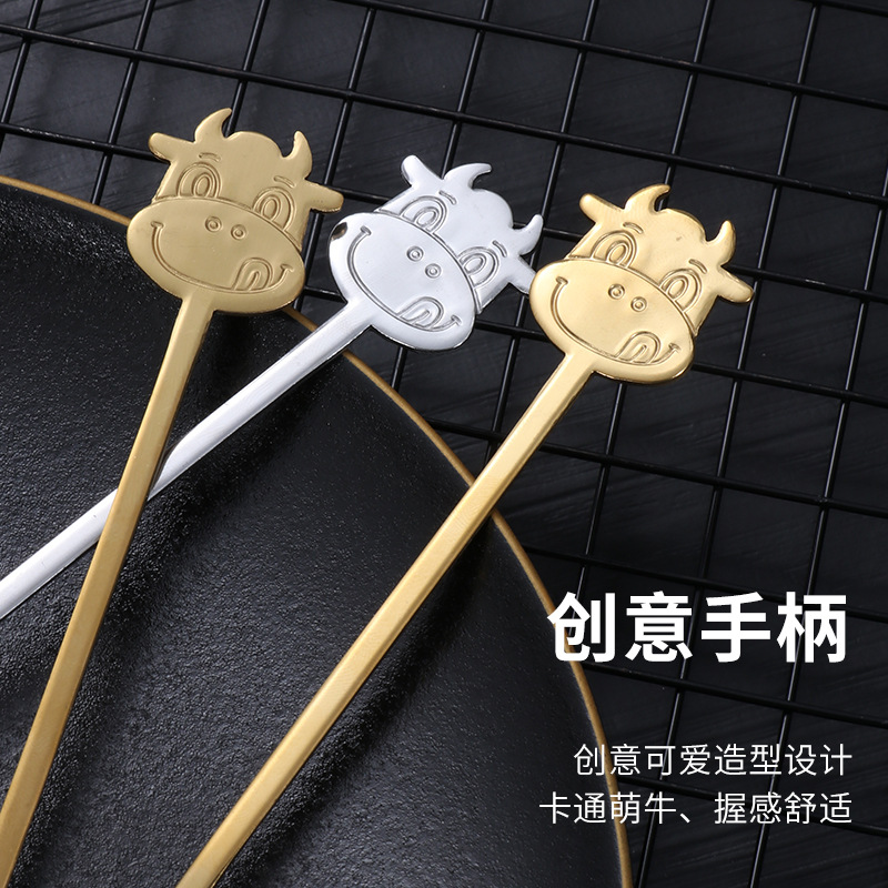 Cartoon cow spoons, stainless steel spoons, golden coffee spoons, breakfast cups, mixing spoons, dessert spoons, gift spoons, factory direct sales details Picture