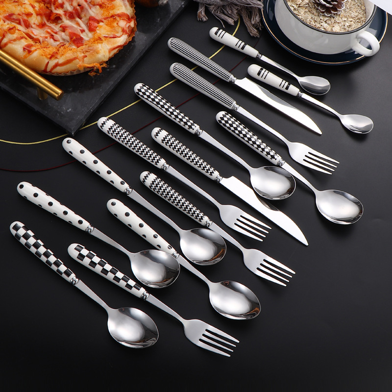 Stainless steel knives, forks and spoons, creative Herben-style tableware, ceramic handles, dessert spoons and forks, hotel Western cuisine knives, forks, spoons and forks full figure
